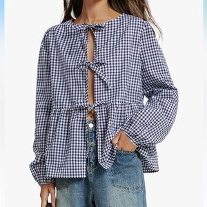 Tie Front Puff Sleeve Peplum Gingham Top
